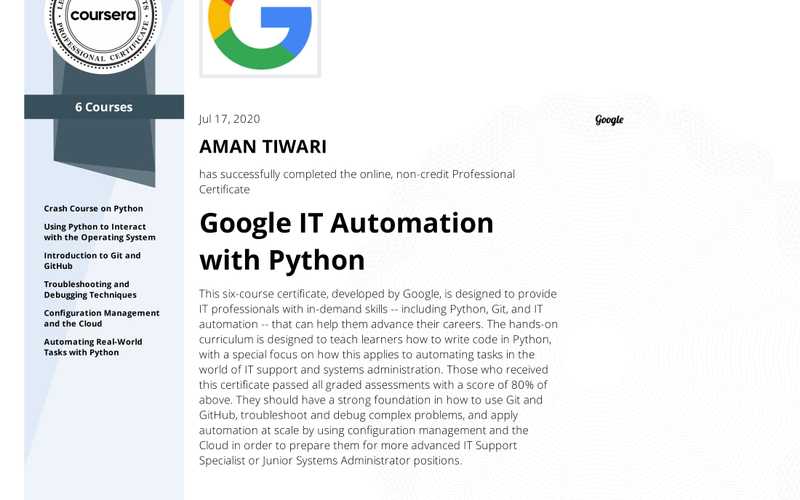 Google IT Automation with Python Specialization